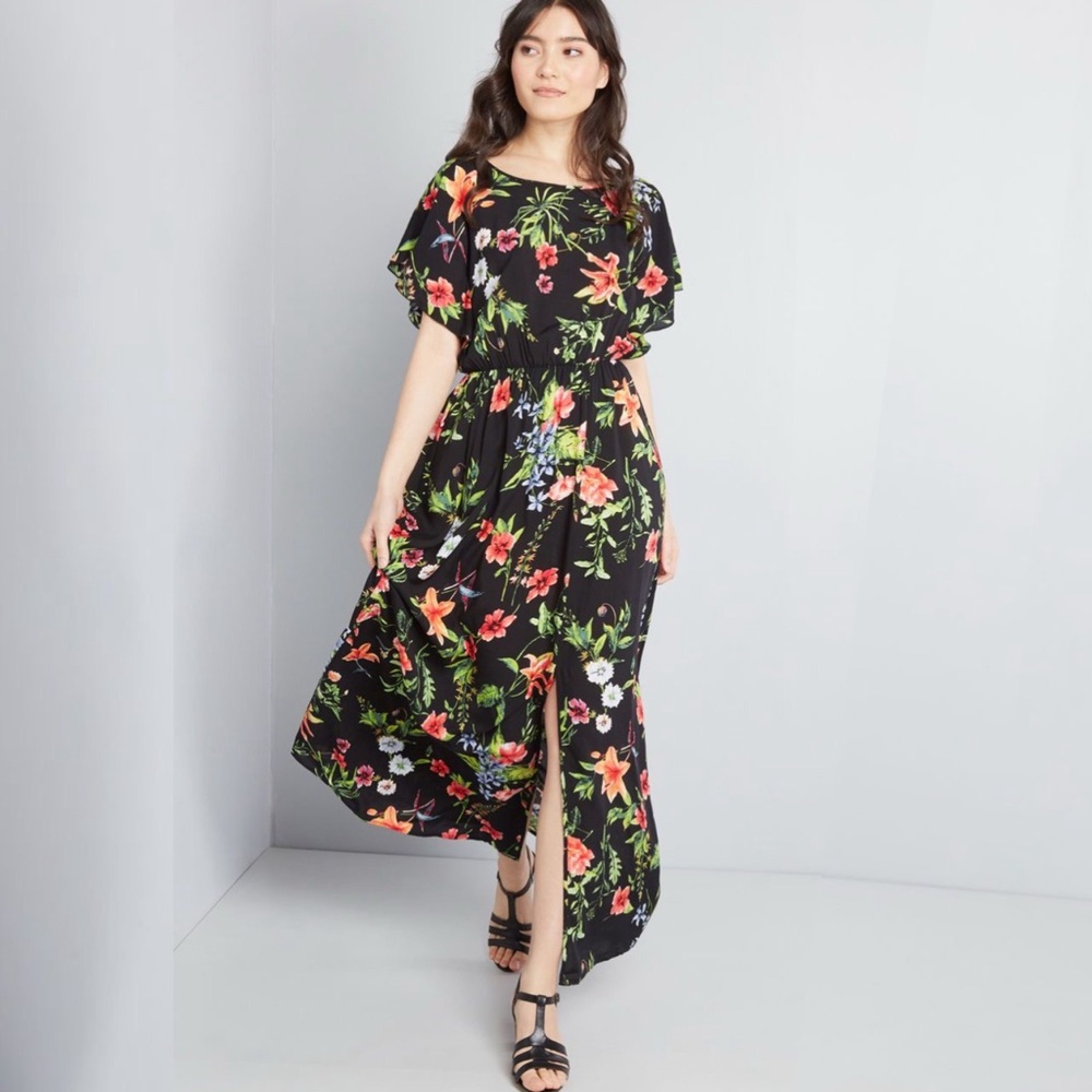 ModCloth Black Floral‎ Maxi Dress Split Hem Bohemian Size XXS
